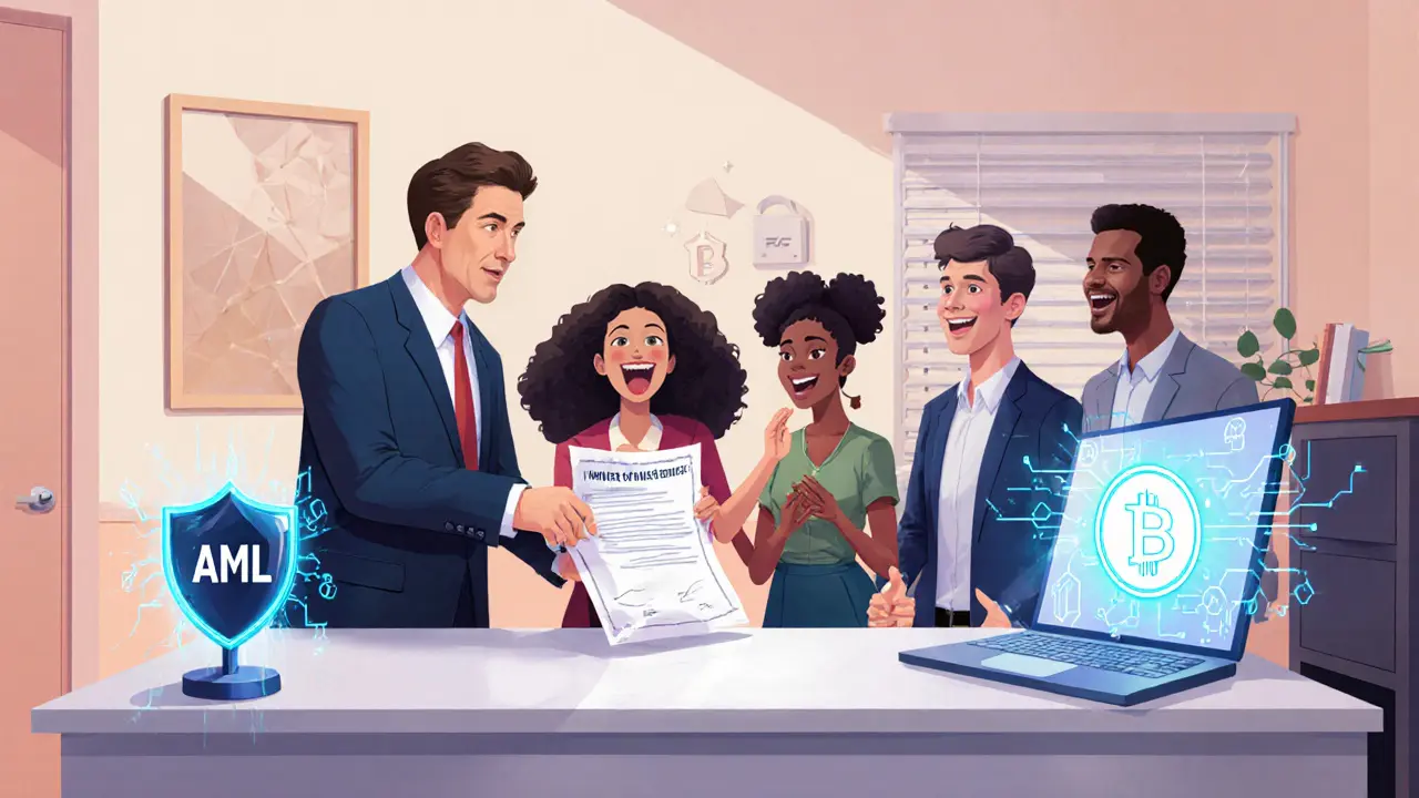 Fintech founders receive a crypto license from a Ministry official in a bright office.