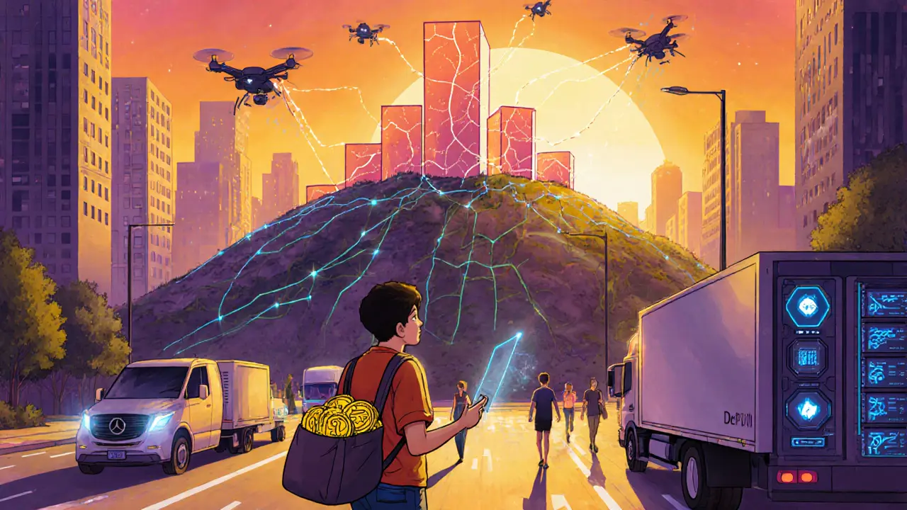 Future city with drones, autonomous vehicles, and a hopeful investor watching rising token blocks.