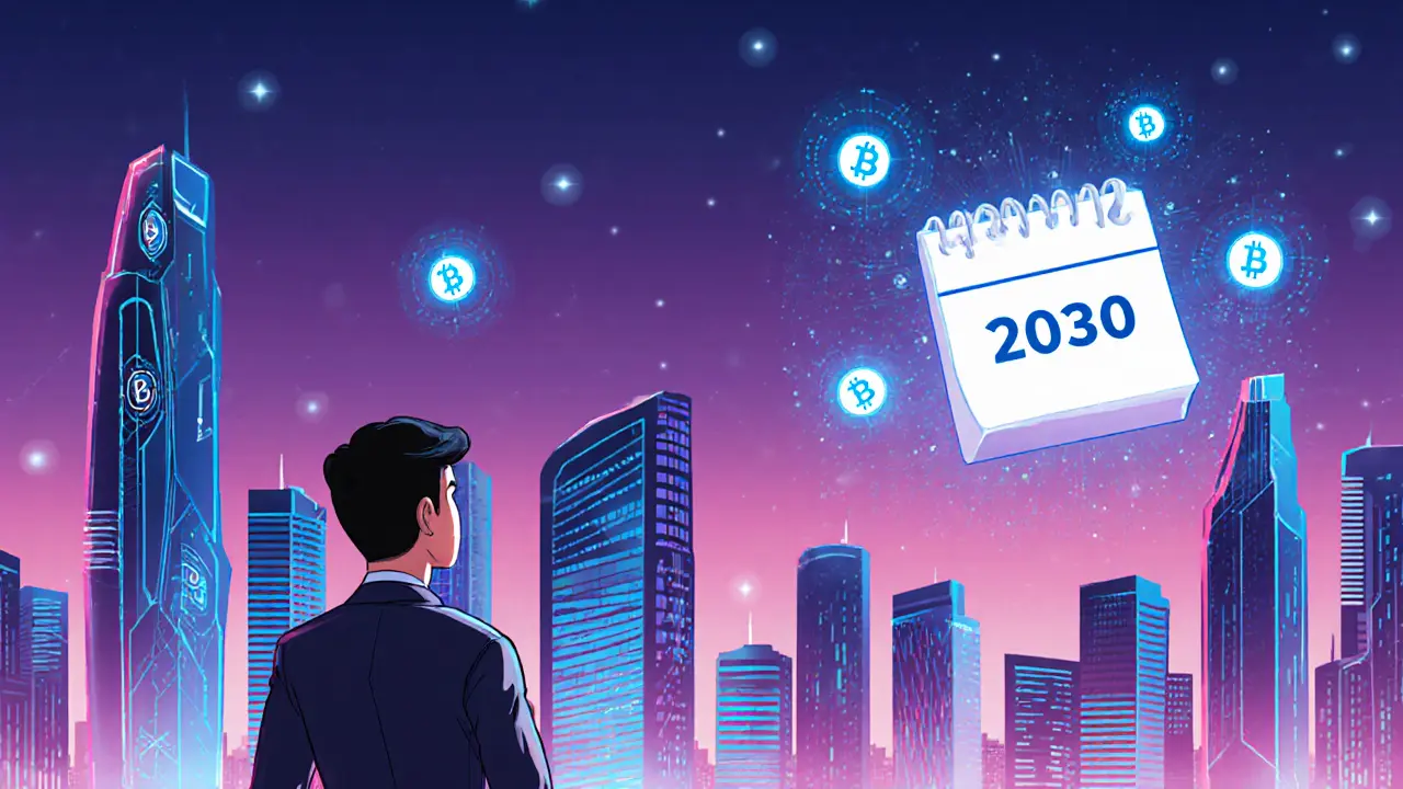 Futuristic Ho Chi Minh City skyline with floating crypto symbols and a 2030 calendar page.