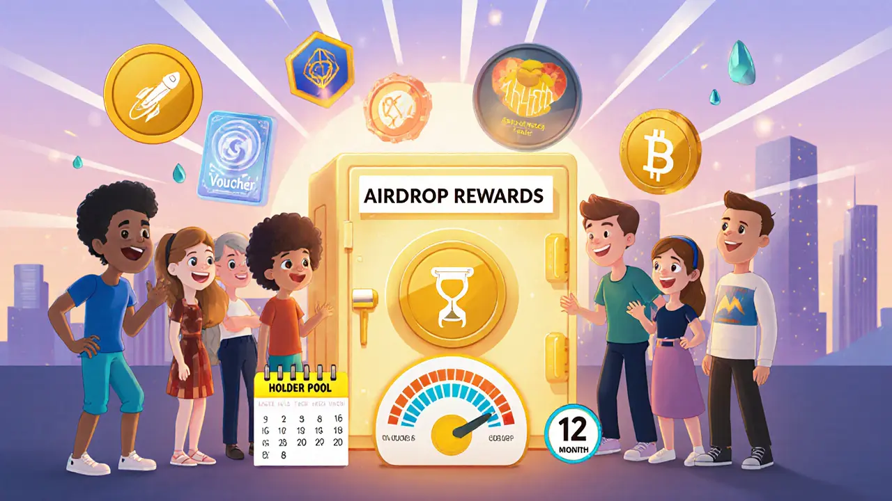 Group celebrating upcoming B2M airdrop with staking pool icons and future token symbols.