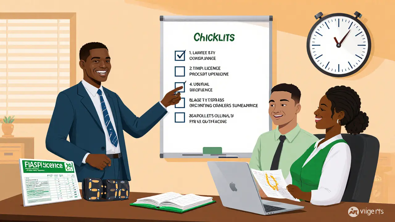 Lagos office showing accountant with checklist, VASP licence, and laptop displaying tax portal.