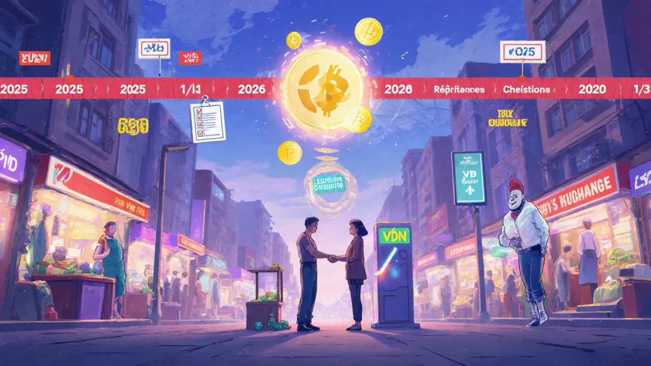 Market scene where crypto converts to VND via a licensed exchange portal.