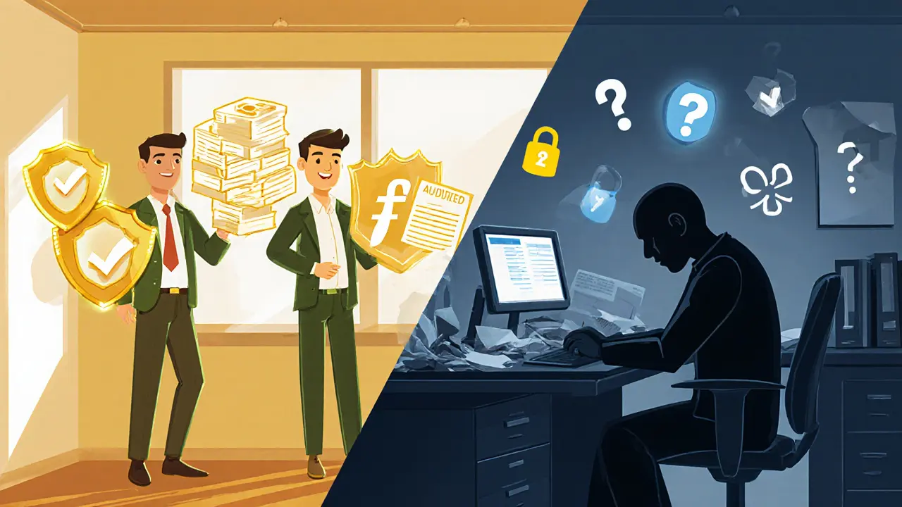 Split cartoon scene contrasting reputable exchange characters with paperwork against a shady Crypcore figure with missing docs.