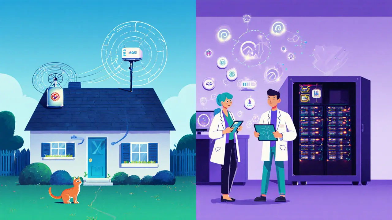Split scene showing a Helium hotspot on a roof and a server rack with storage drives and GPU, linked by data icons.