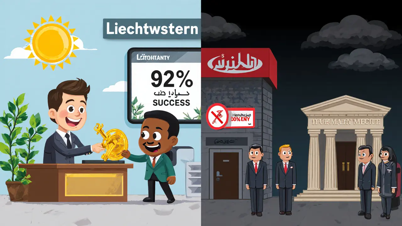 Split scene showing happy crypto banks in Liechtenstein, Germany, Malta and closed banks in Nigeria, Egypt, Algeria.