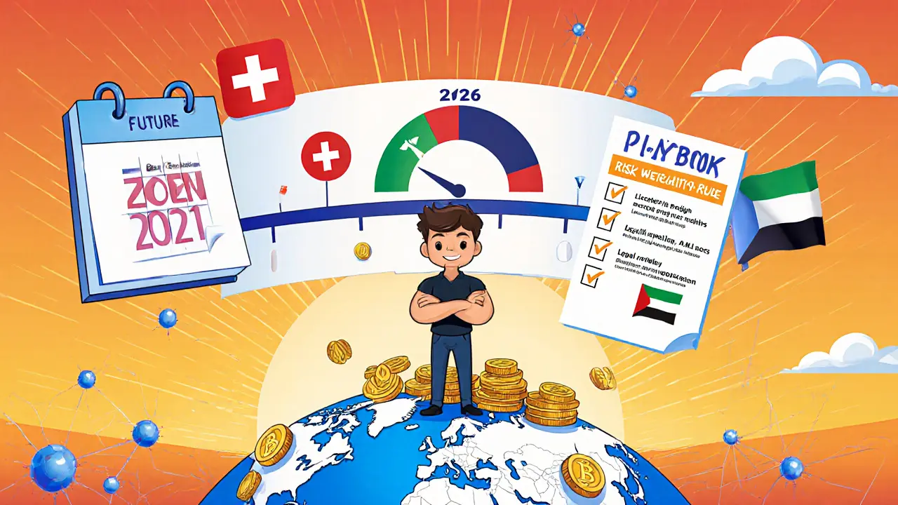 Trader standing on a globe of coins with a future timeline of Basel rules and a checklist for securing a crypto bank account.