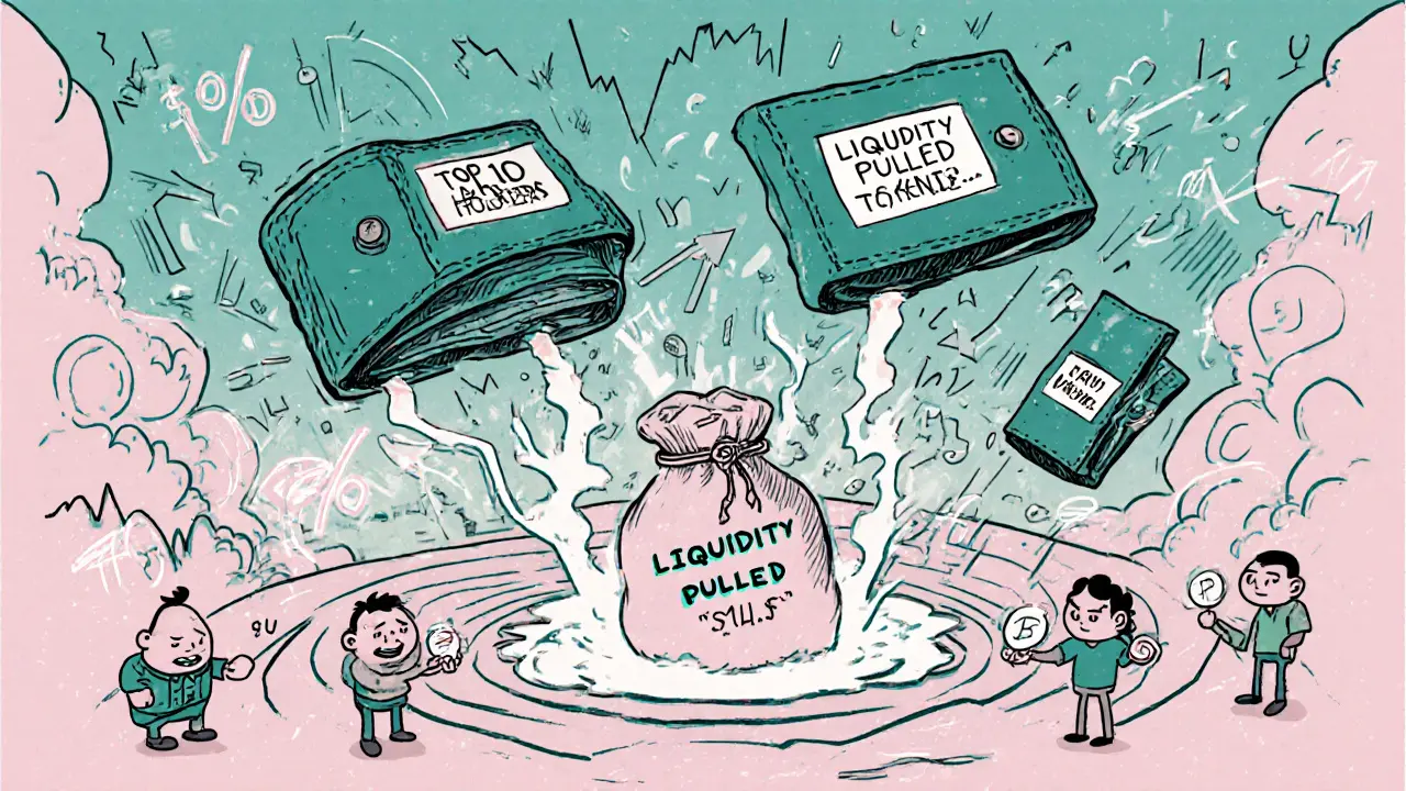 Wallets dump tokens into a vortex as confused users try to sell fake crypto on a chaotic exchange.