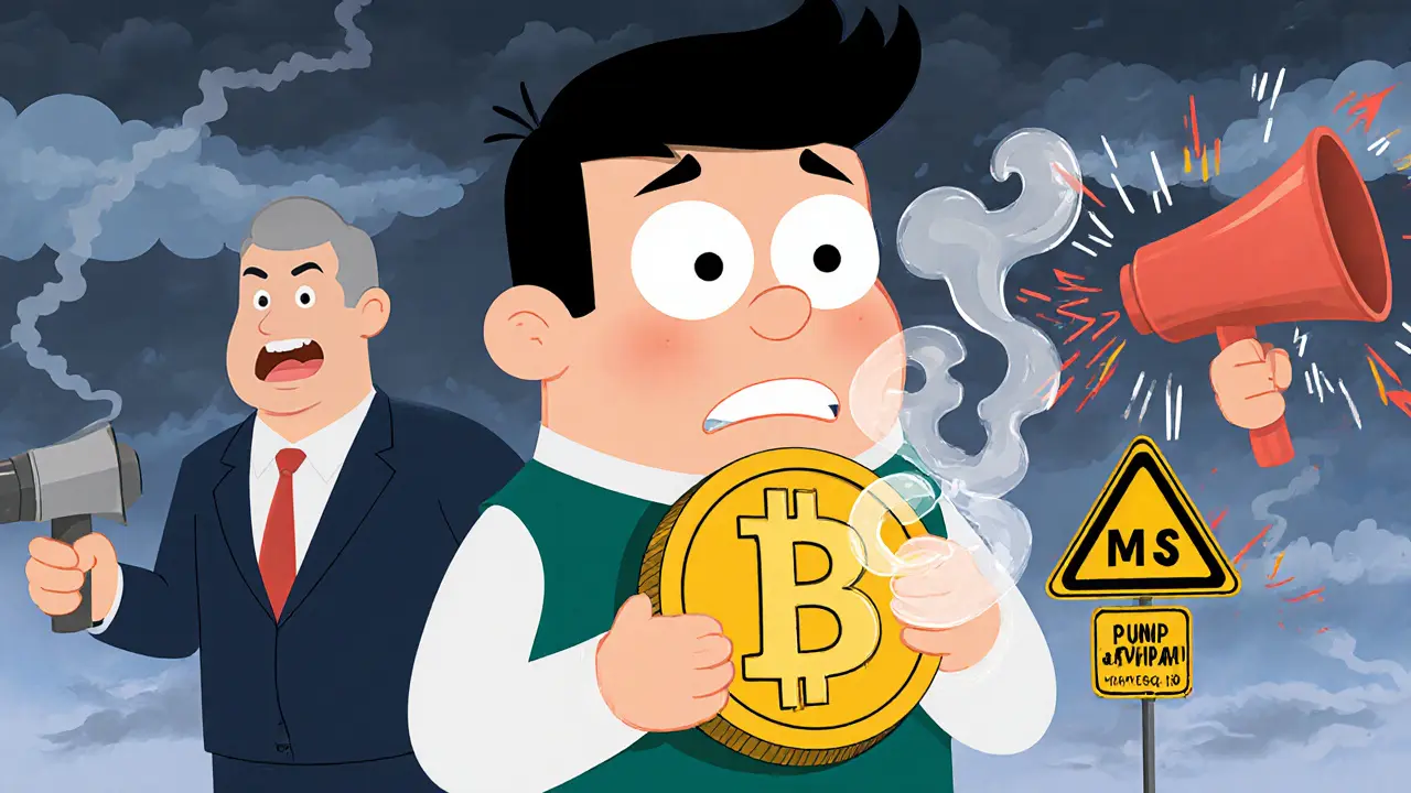 Worried investor watching a fading SMOL coin with regulator and pump‑and‑dump mascots nearby.