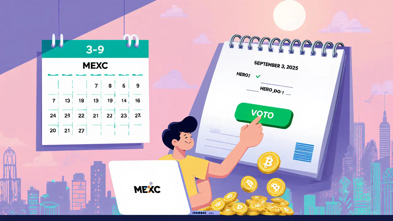 Youthful avatar at a laptop filling KYC, voting, and receiving HERO tokens from MEXC.