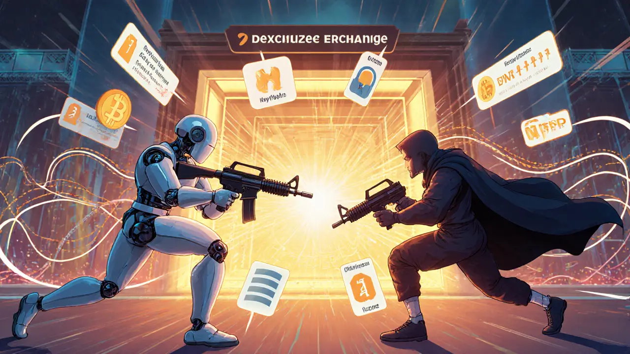 AI robot versus stealth VPN character, with tip icons and DEX portal in background.