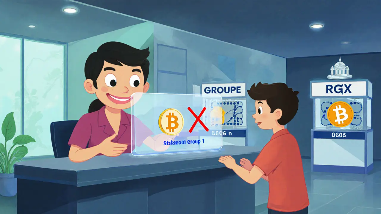 Bank teller giving a customer a stablecoin wallet while RGX and CNX exchange booths operate nearby.