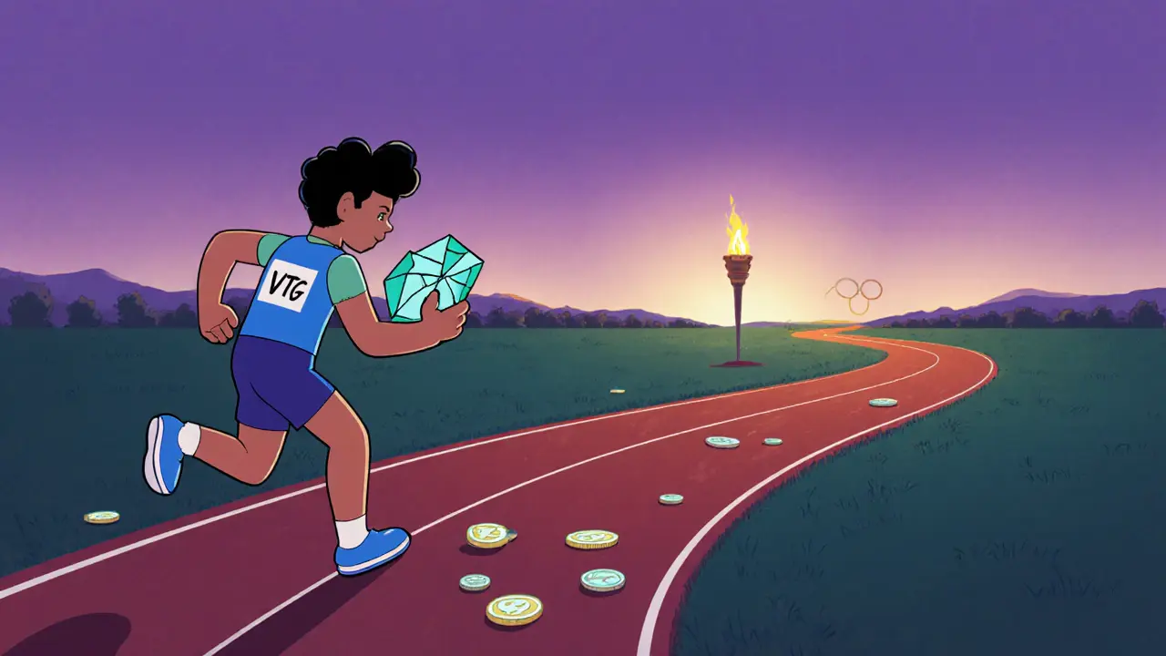 Cartoon athlete running toward a horizon with a cracked VTG gem in hand.