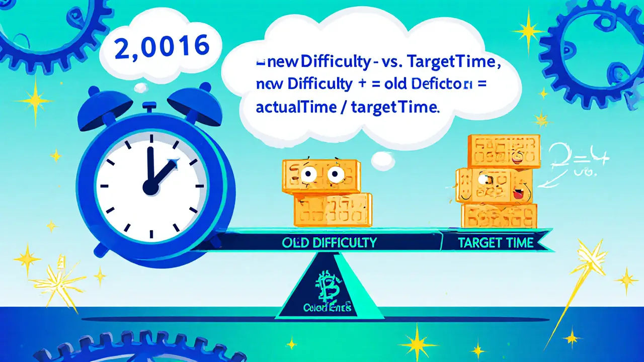 Cartoon clock and block scale illustrate Bitcoin's difficulty adjustment formula.