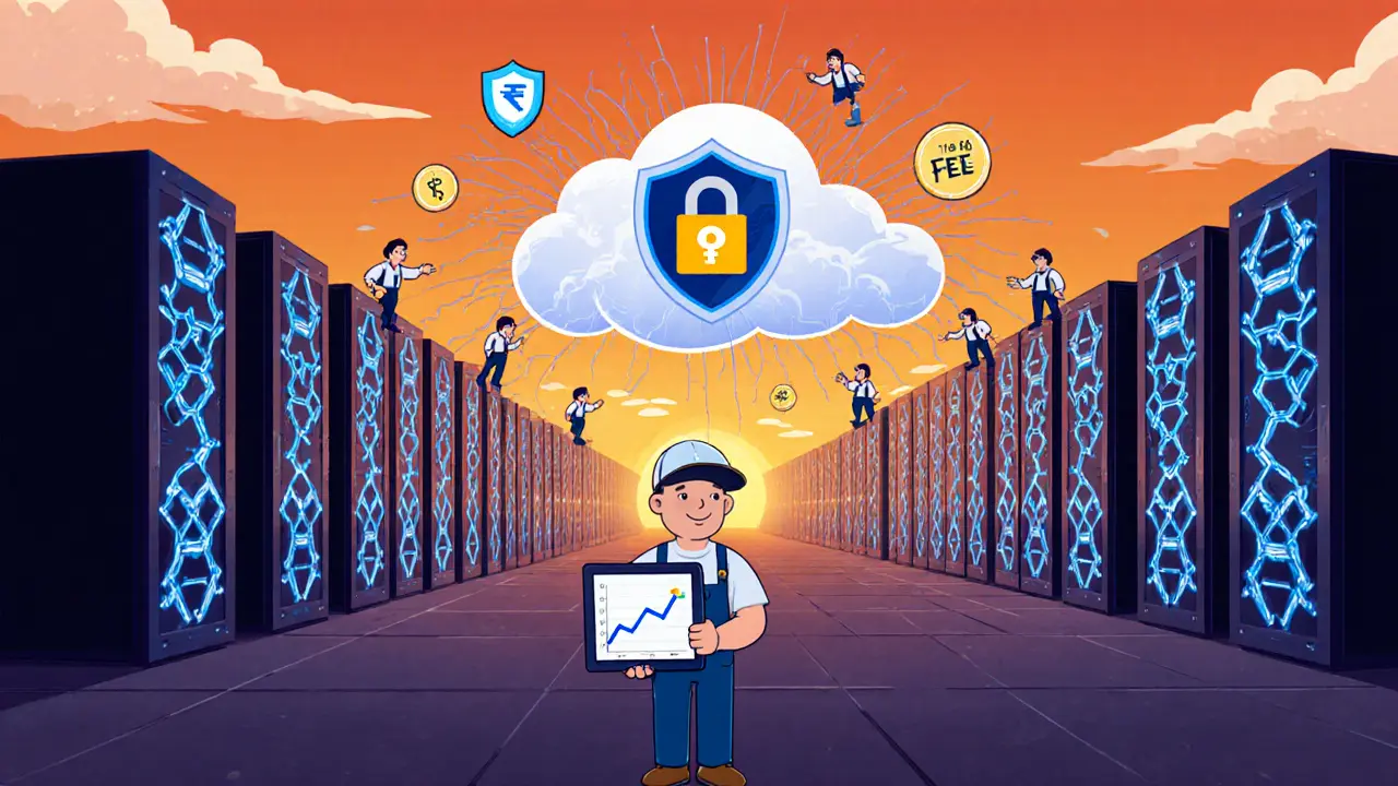 Cartoon mining farm with ASIC rigs, miner holding graph, pool network, and security shield.