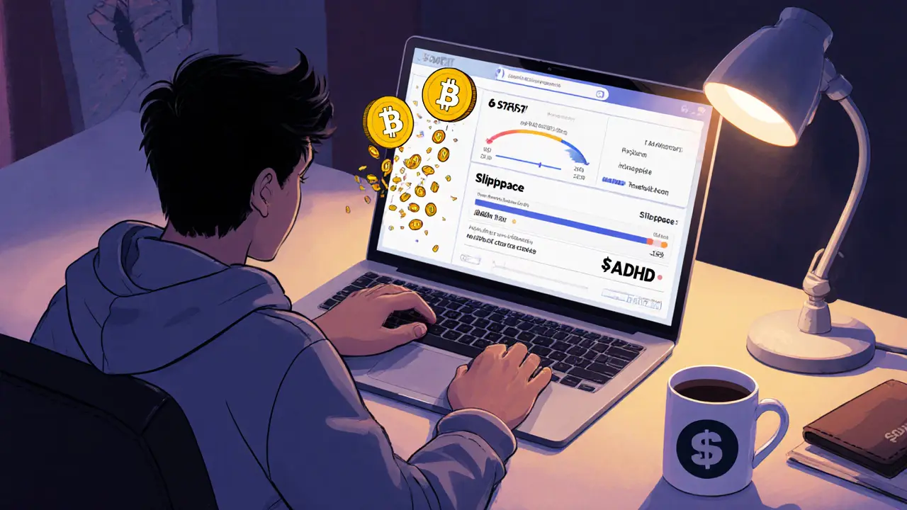 Cartoon person using a wallet on a laptop to swap SOL for ADHD tokens on a DEX.