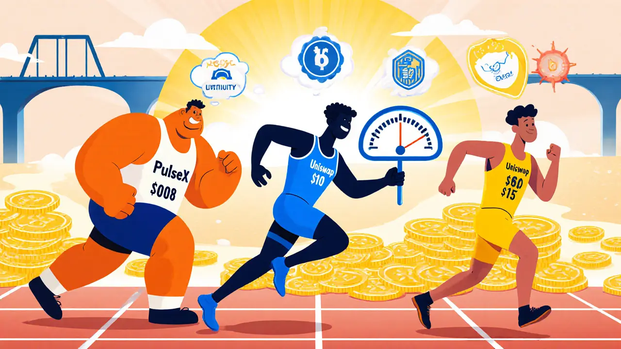 Cartoon race comparing PulseX, Uniswap and PancakeSwap highlighting fee and liquidity differences.