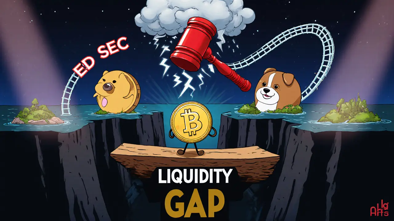 Cartoon scene showing ADHD token on a precarious ledge with warning signs and larger meme coins nearby.