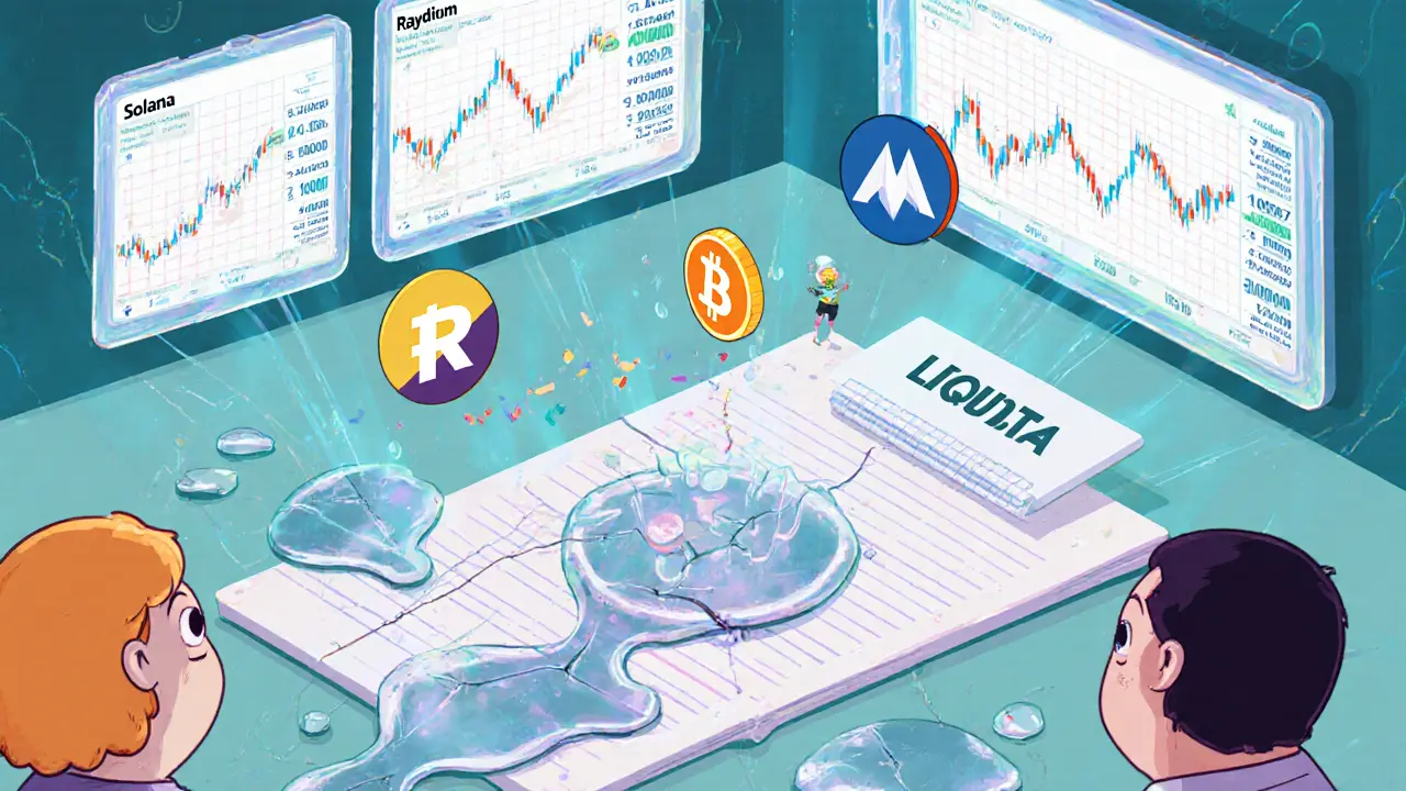 Cartoon traders amid erratic price graphs and a thin liquidity puddle.