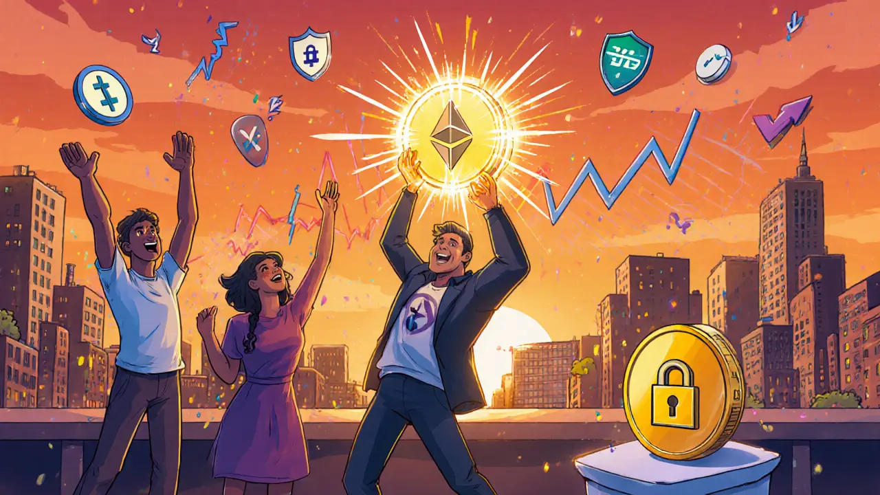 Celebration with a golden token, hardware wallet, and safety icons on a sunset rooftop.