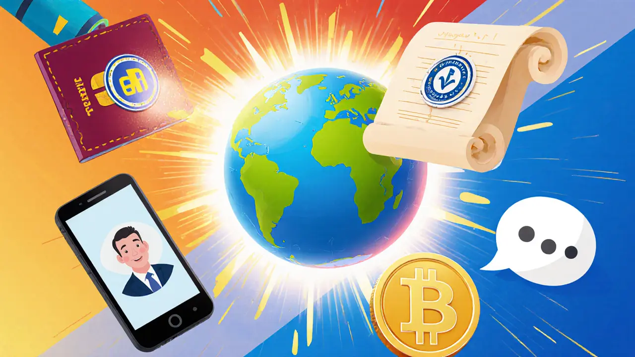 Collage of passport, diploma, bank KYC badge, and forum token orbiting a central DID globe.