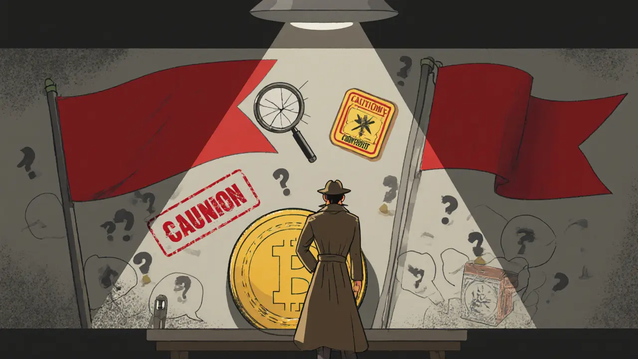 Detective-like investor examining red flags, a honeypot trap, and an SEC warning sign around the SGT token.