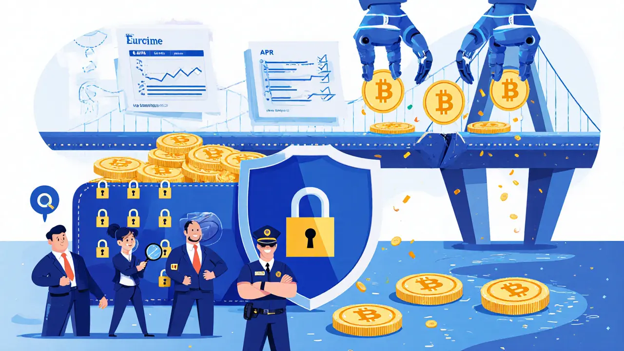 Illustration of security shield, auditors, and a repaired bridge showing staking rewards.