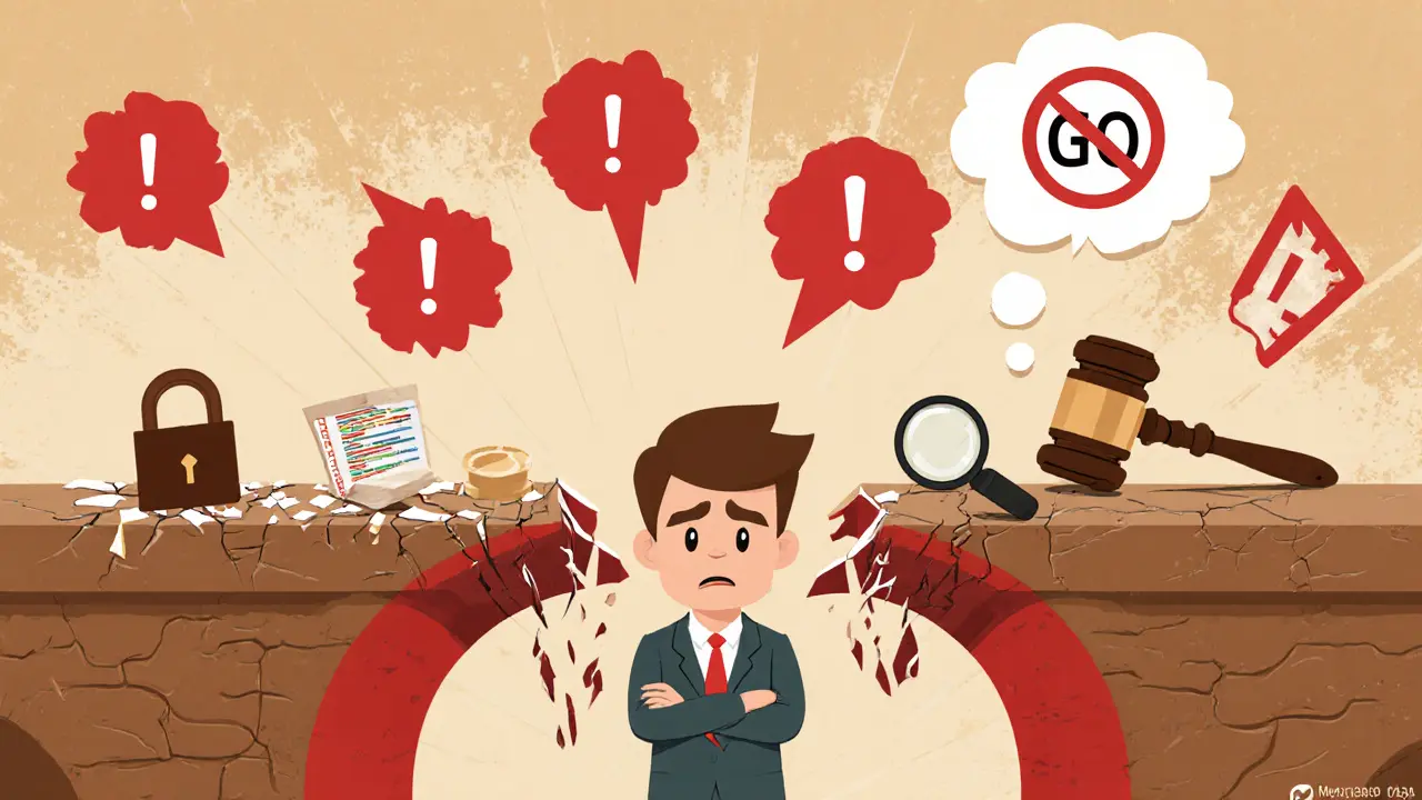 Investor facing broken bridge with red warning signs, regulator gavel, and audit magnifier.