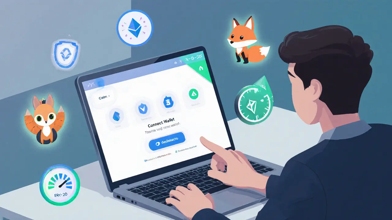 Person at a desk connects a wallet on a laptop, with icons for KYC and gas fees floating nearby.