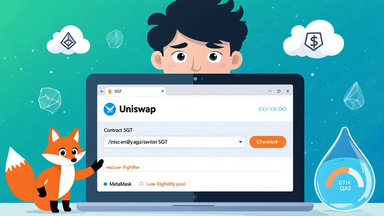 Person using MetaMask on a laptop to buy SGT on a DEX, showing gas fee meter and tiny liquidity pool.