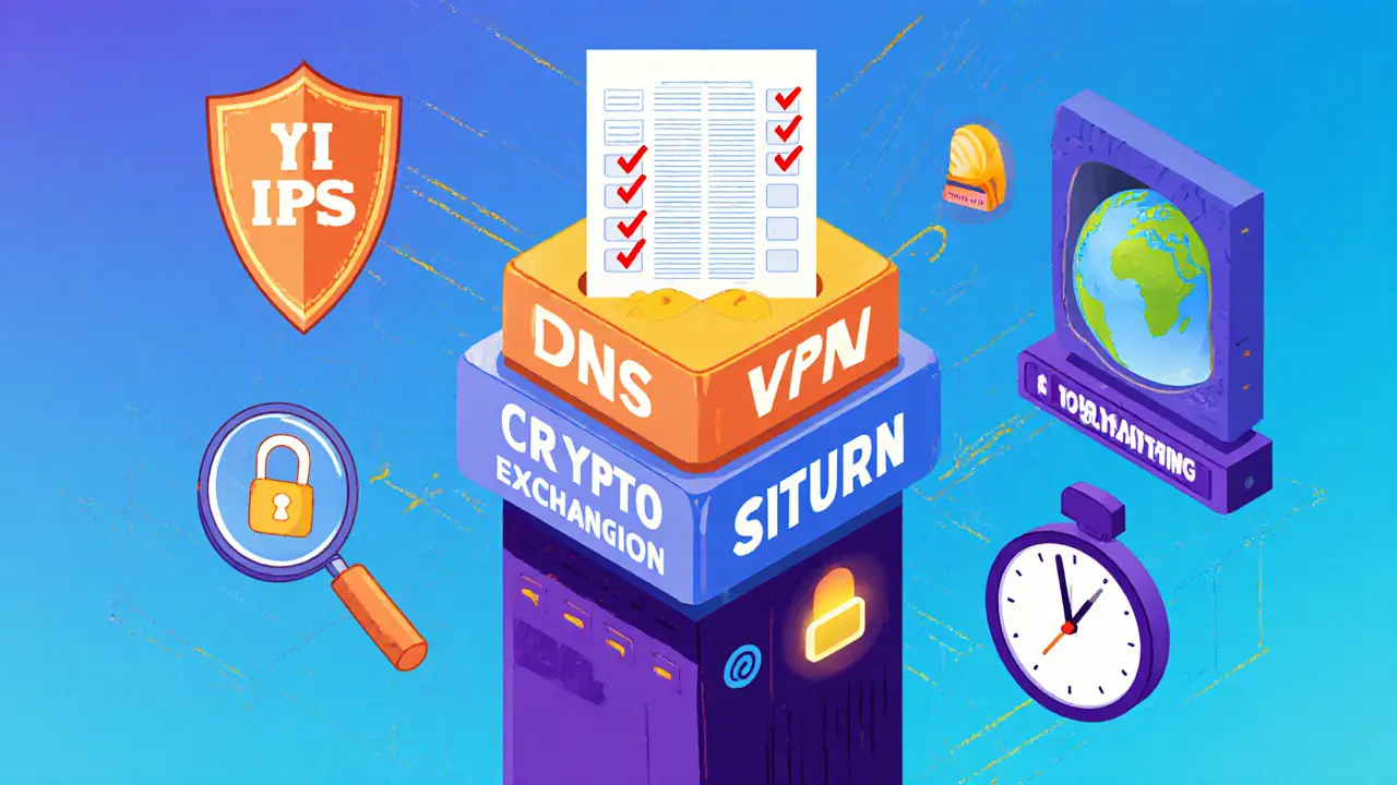 Stacked cartoon layers showing IP blacklist, DPI, DNS leak, time‑zone check, fingerprint.