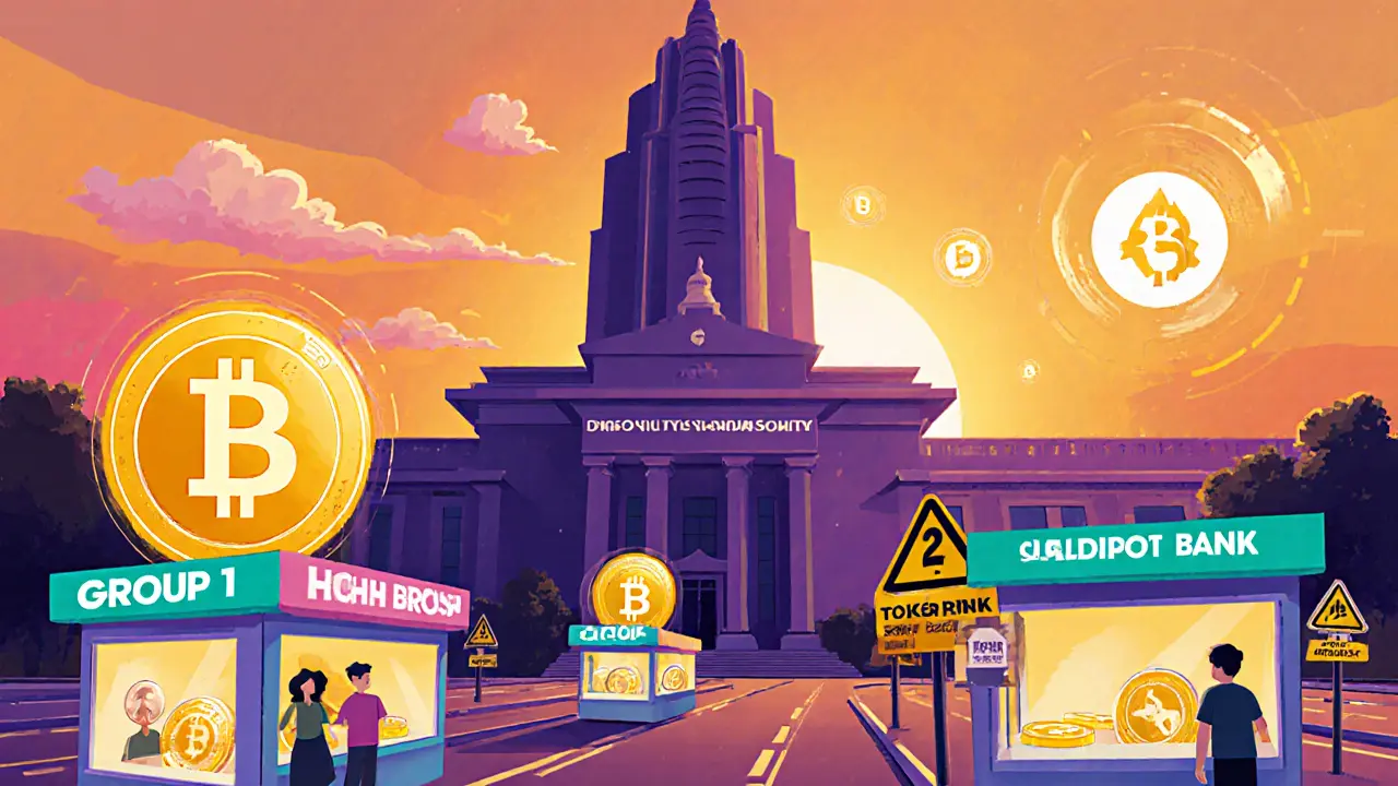 Sunrise over a future marketplace of regulated crypto kiosks under the watch of the National Bank.