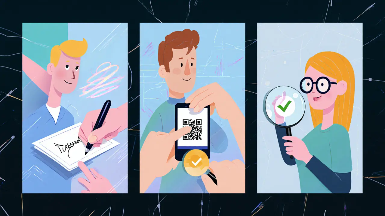 Three‑panel comic showing issuer signing, holder receiving a credential on a phone, and verifier checking it.