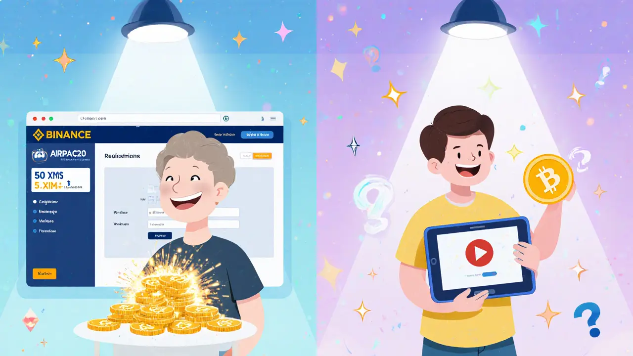 Two cartoon users: one registering on Binance for 50 XMS, another completing a quiz for  worth of XMS.