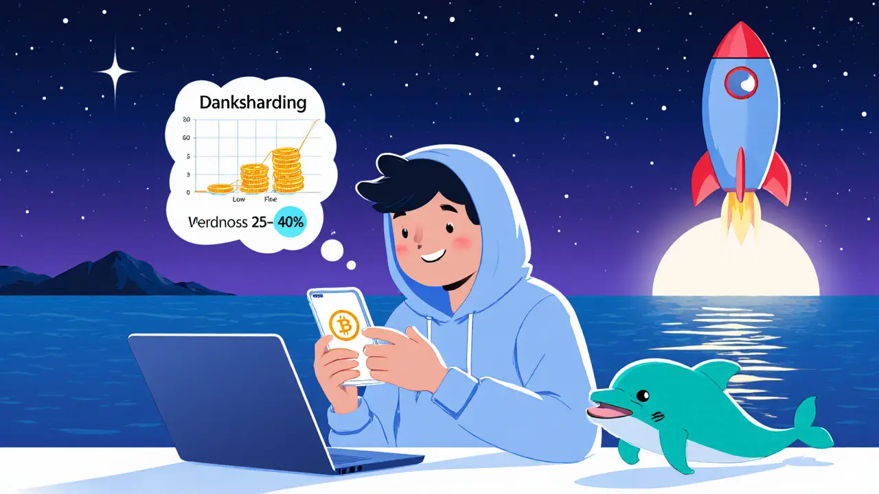 User checking a gas tracker at night, dreaming of savings with a rocket and Solana mascot nearby.