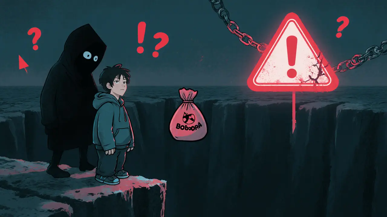 Wary investor facing a shadowy figure with a BobaOPPA sack and red warnings.