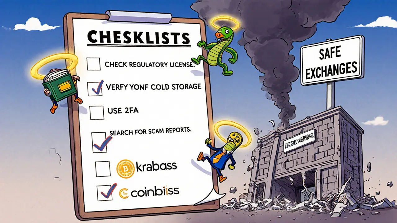 A safety checklist with brave wallet characters defeating a scam villain, safe exchanges glowing behind.