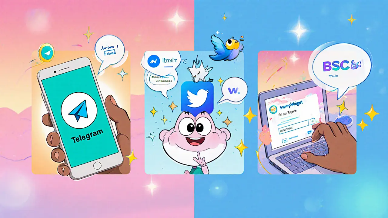 Cartoon character completing a Telegram join, Twitter retweet, and SweepWidget form on split-screen devices.