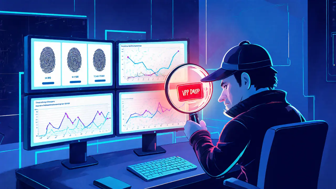 Cartoon scene of an exchange platform detecting VPN users through fingerprint icons and IP drop alerts.