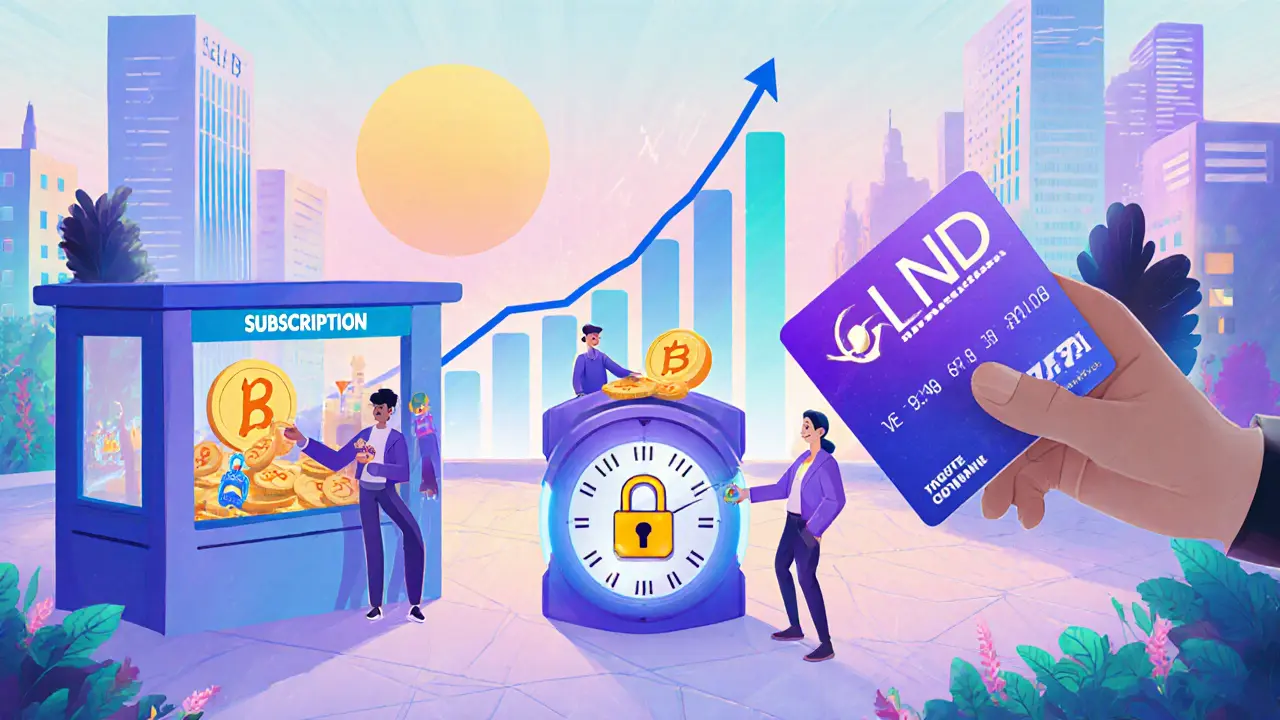 Cartoon town square with CLND voting lock, subscription meter, and crypto credit card.