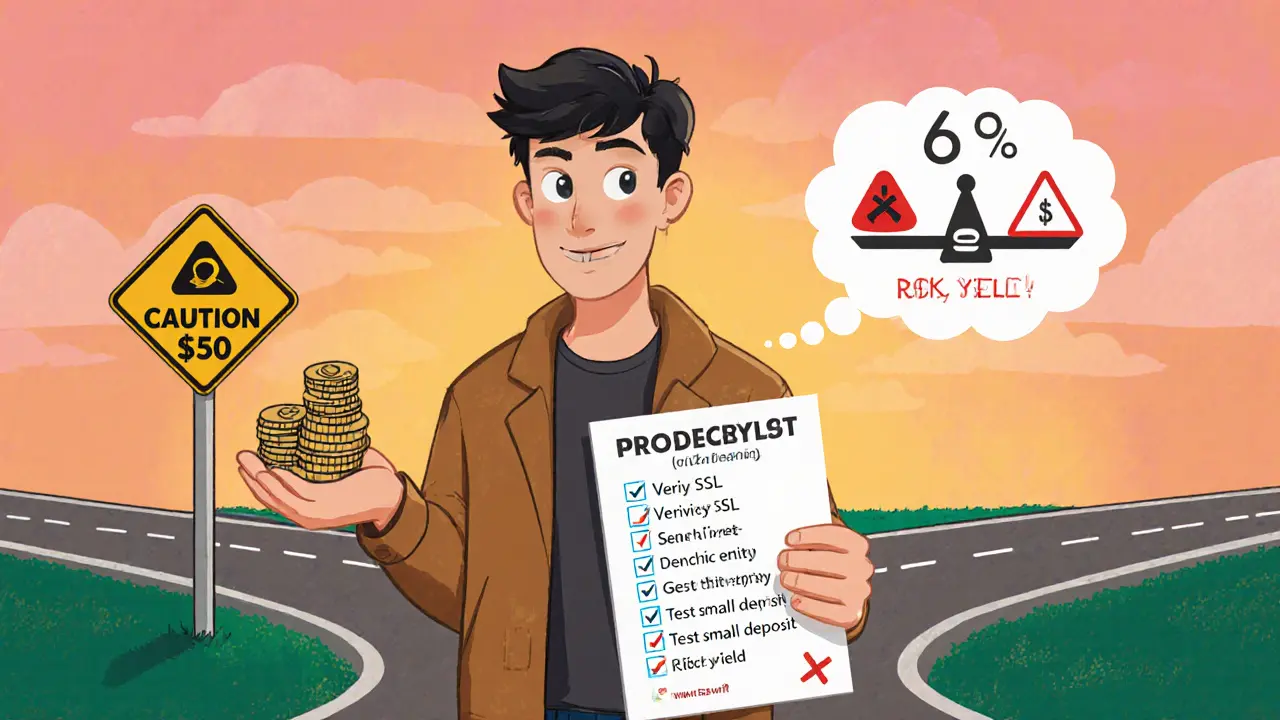 Cautious trader holding a small coin stack and checklist at a &quot;Proceed with Caution&quot; sign.