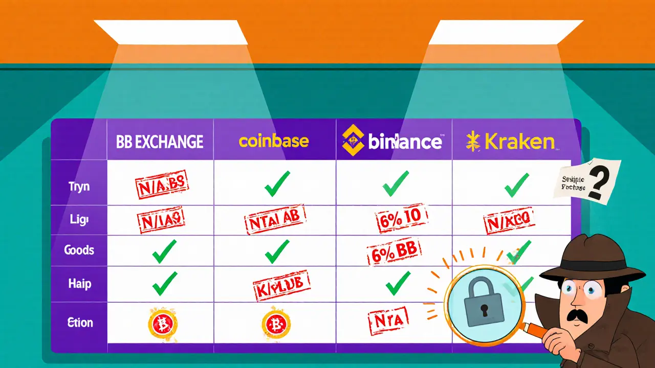 Comparison table with BB EXCHANGE cells marked N/A and other exchanges highlighted.