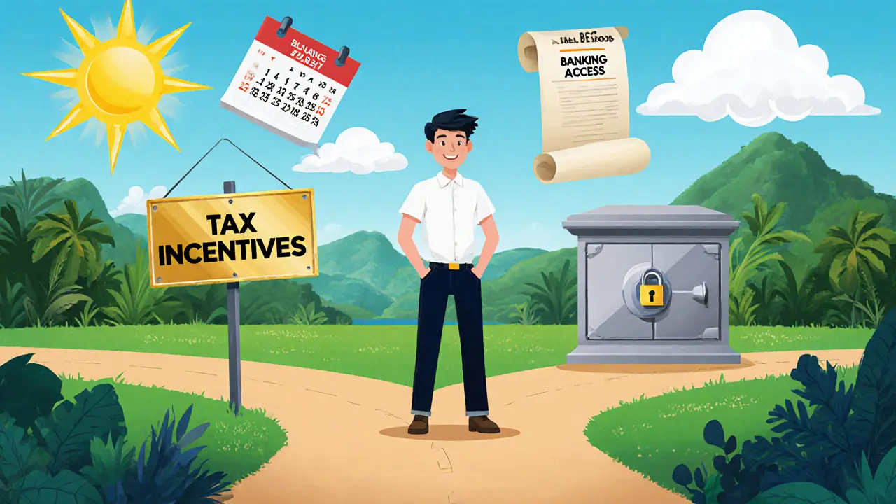 Entrepreneur at a crossroads with signs for tax incentives, banking access, and upcoming crypto bills.