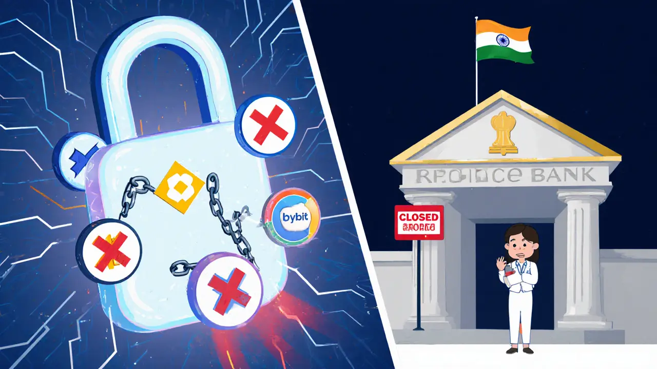Exchange icons halted by a digital firewall and Indian bank closure.