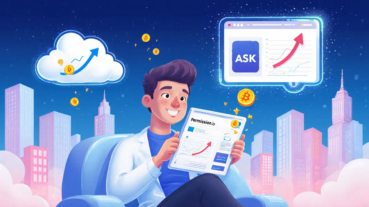 Future scene with consent ads, rising chart, and tokens flowing to wallet.