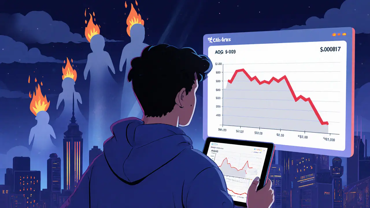 Hero looking at a declining token price chart with burning AOG tokens in the background, under a dark city skyline.