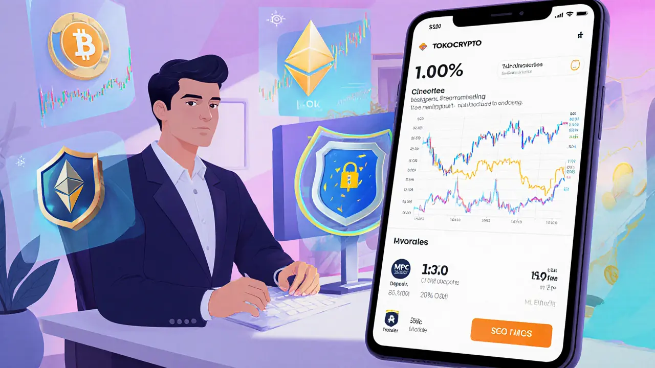 Home office trader viewing crypto charts and Tokocrypto app features.
