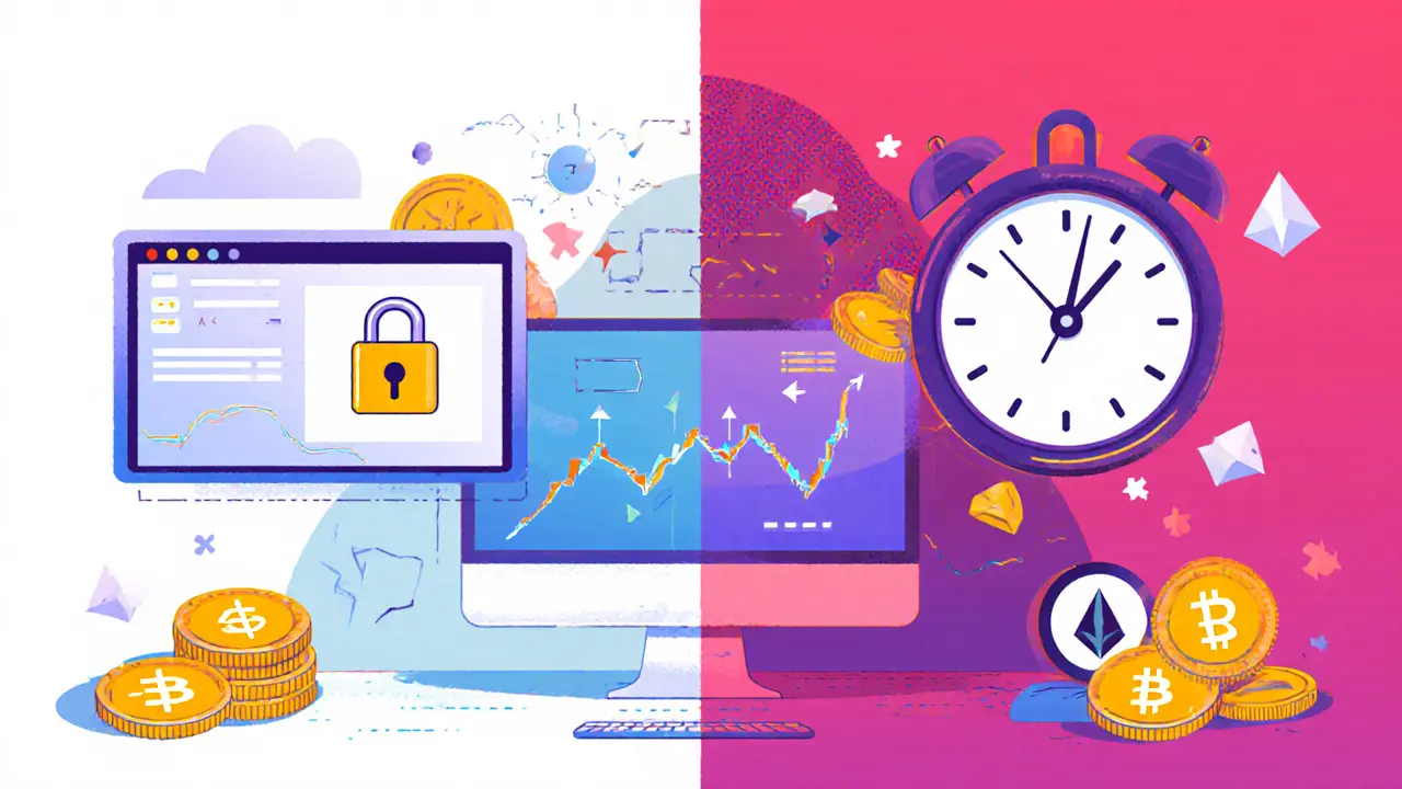 Illustration of a trader following security tips: separate device, multi‑hop VPN, random trade timing.