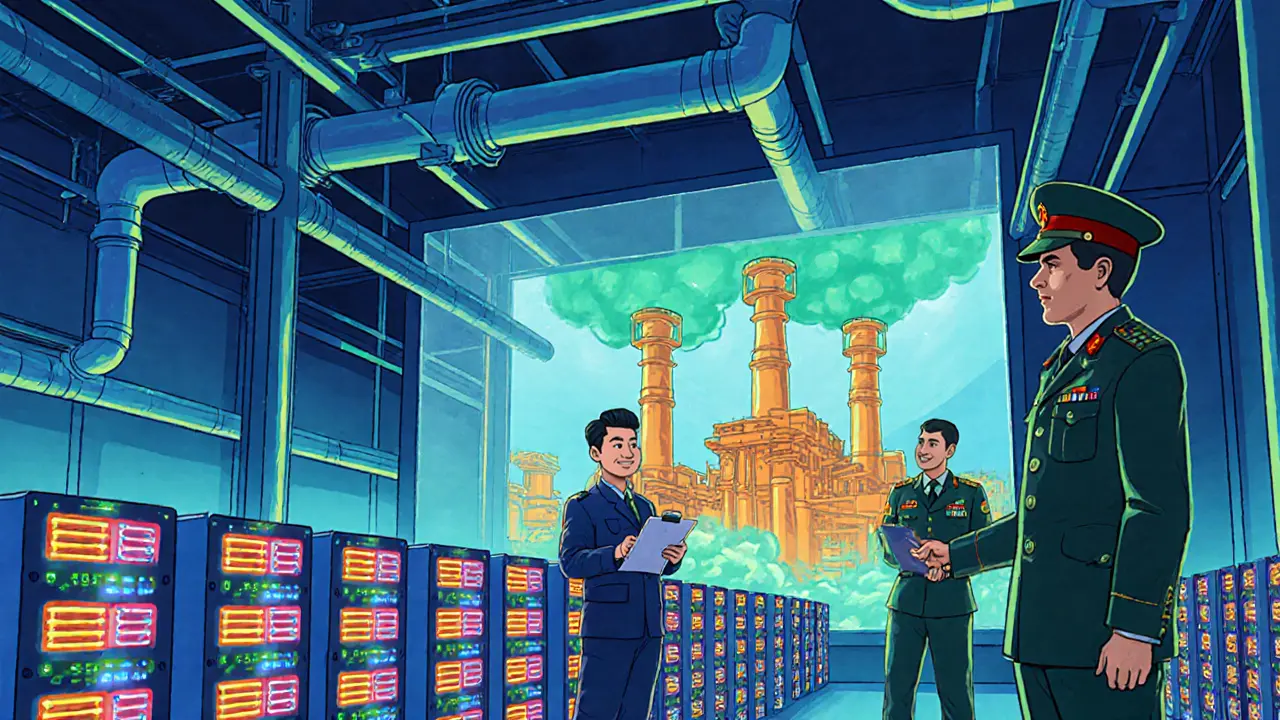 Inside Rafsanjan farm showing rows of ASIC miners, a gas plant, and Chinese and IRGC personnel.