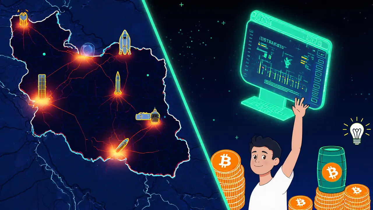 Map of Iran with mining icons, power lines, missiles, oil barrels, and a futuristic exchange platform.
