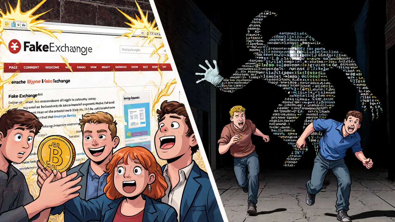 Split scene: happy users on a fake site vs. same users chased by a code monster made of scams.